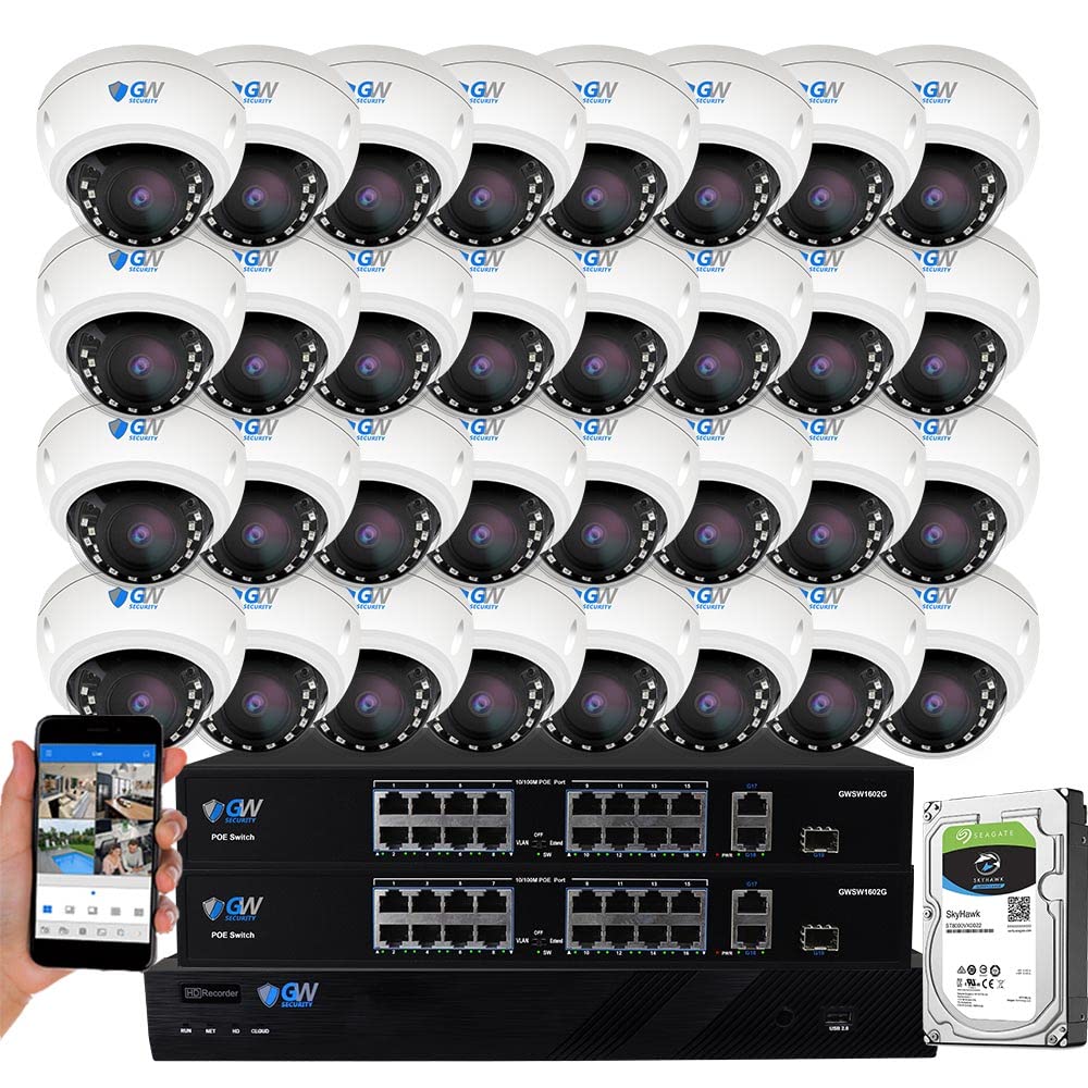 GW Security 32 Channel 4K NVR 8MP AI Human & Vehicle Detection Security Camera System with 32 UHD 4K 2160P Microphone PoE Outdoor/Indoor Weatherproof
