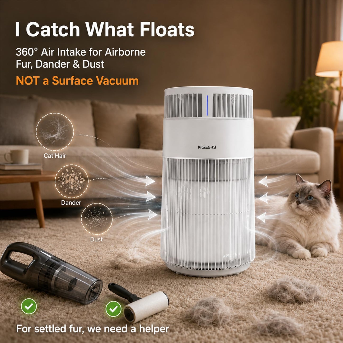 WISESKY Cat Air Purifier with Bite-Resistant Cord & Wide Grille and Tip-Over Protection | Air Purifier for Home with 360° Air Intake for Pet Hair |