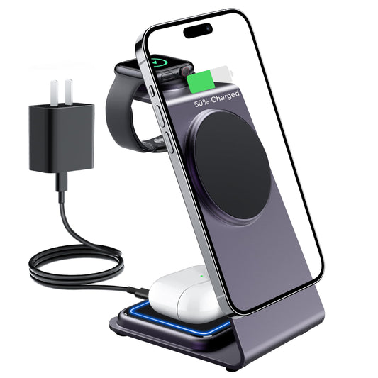 LEKOYE Magnetic 3 in 1 Wireless Charging Station for MagSafe iPhone and Multiple Apple Devices - Purple