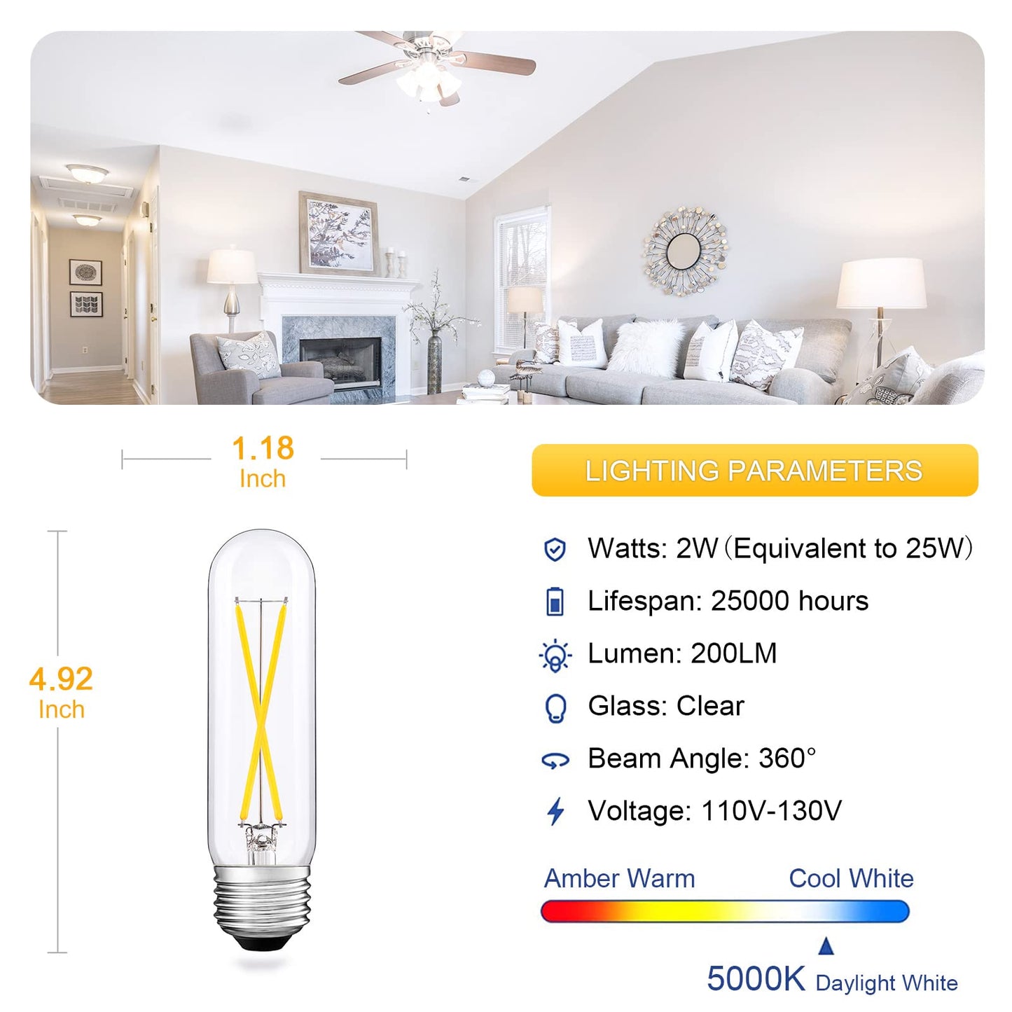 T10 Led Bulb, Dimmable 2W Tubular Chandelier Bulb, 25Watt Equivalent Ceramic Christmas Tree Bulbs, 5000K Daylight, Clear Glass, Antique E26 Light