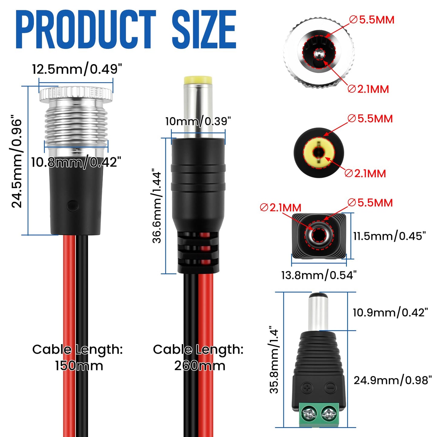 MILYARD 6Sets 5.5x2.1MM Metal DC Power Female Jack with Waterproof Cap & Male Pigtail | Solder-Free Barrel Adapter | for CCTV, Audio Video & DIY