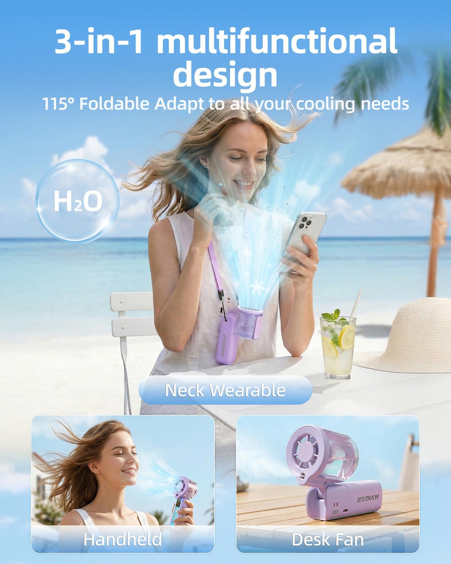 AIVIGOR Portable Handheld Fan with Cooling Mist, 30000 RPM High Speed Turbo Personal Fan with Adjustable Speeds, Rechargeable Mini Misting Fan