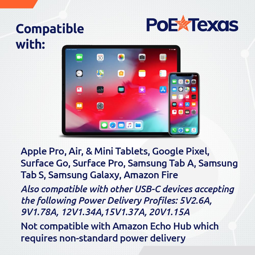 PoE Texas PoE+ to USB-C Splitter - 25W Power & Data Converter for iPad Pro, Air, Mini, Surface Go, Google Pixel, Samsung, Lenovo - Fast Ethernet