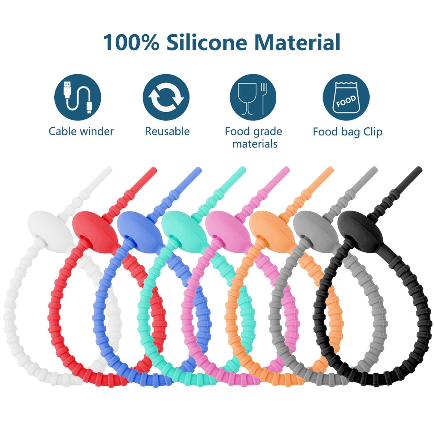 Qishing Reusable Colorful Silicone Zip Ties, Durable Cable Ties, All-Purpose Silicone Cords (16pcs)