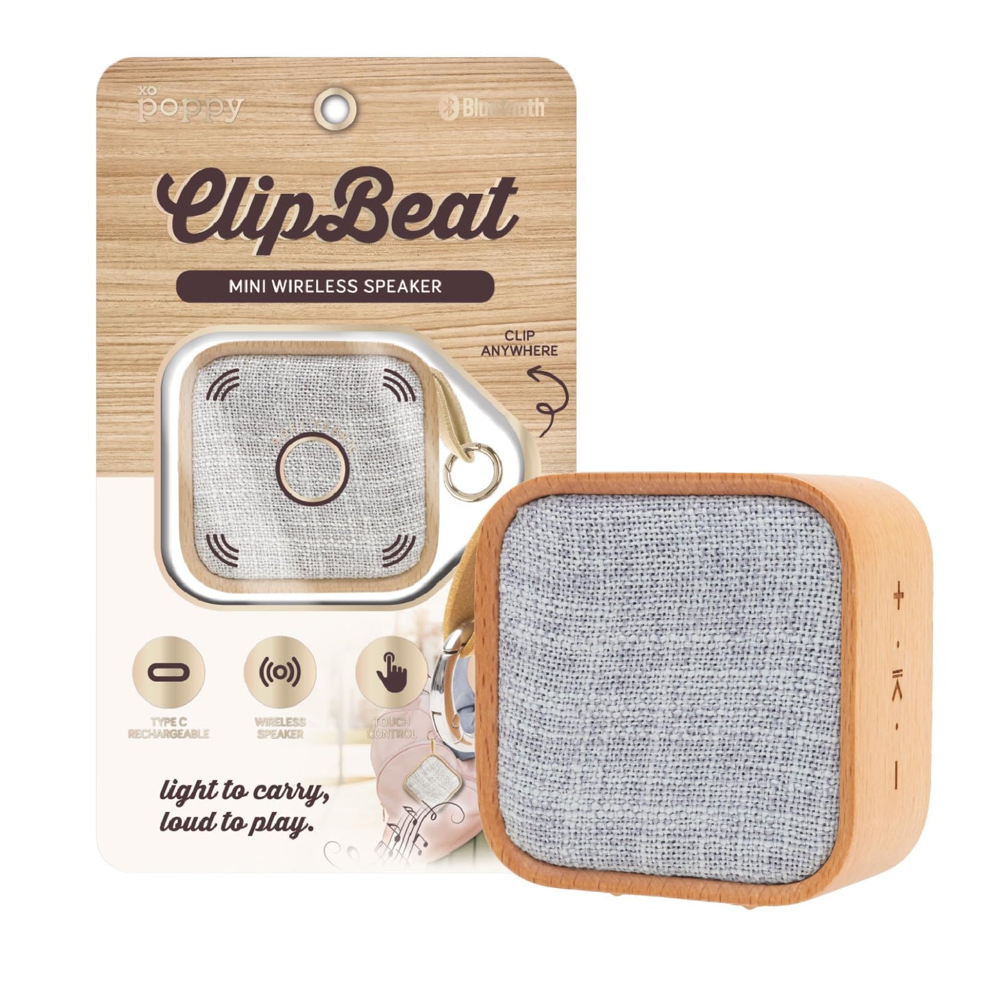 xo poppy ClipBeat Mini Wireless Speaker, Bluetooth Wood Finish, Type-C Rechargeable, Touch Control, Portable with Carabiner Clip