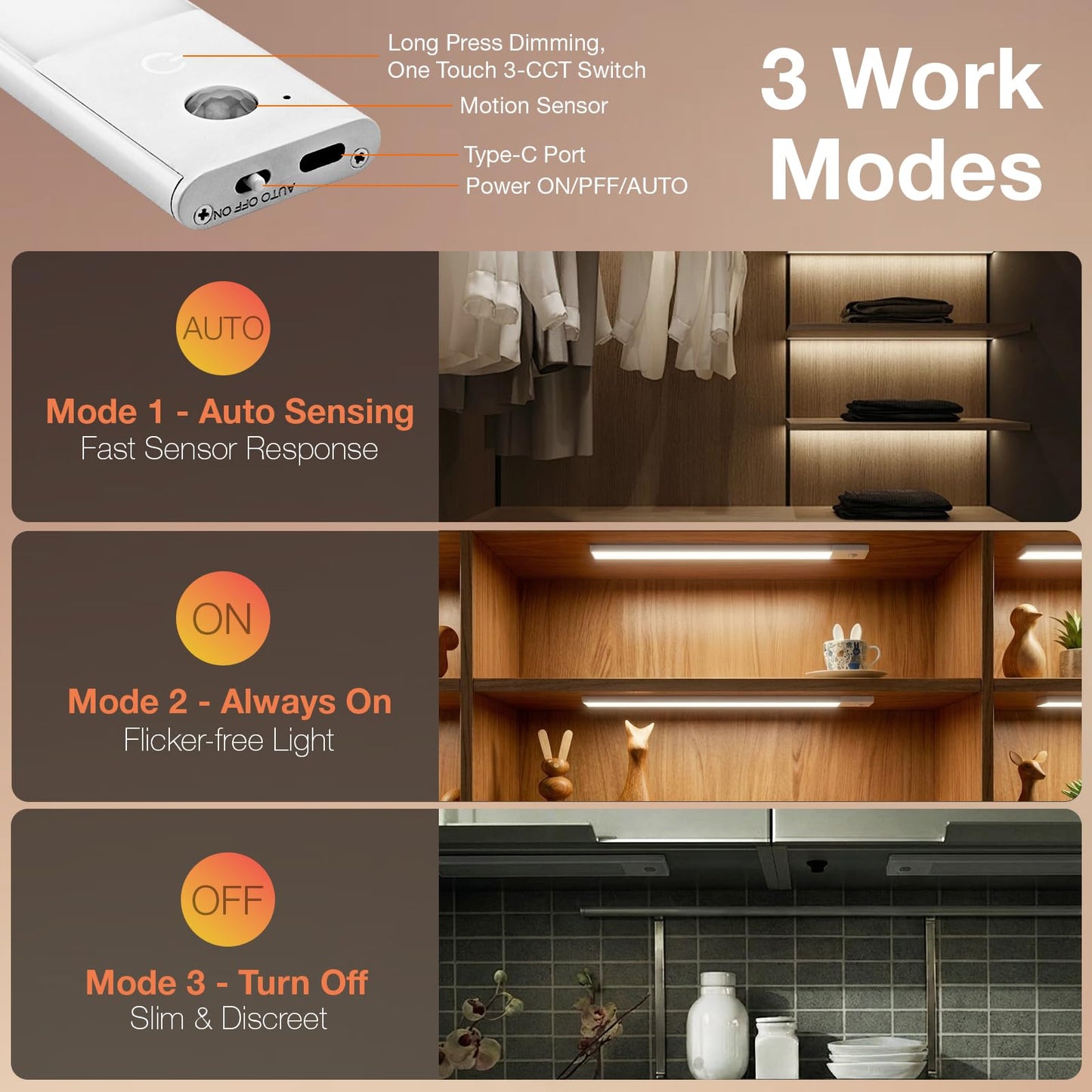 SYLVANIA 12" Under Cabinet Lighting with 2200mAh Rechargeable Battery, LED Motion Sensor, 3 Color Selectable (3000K-5000K), Closet Light/Undercounter