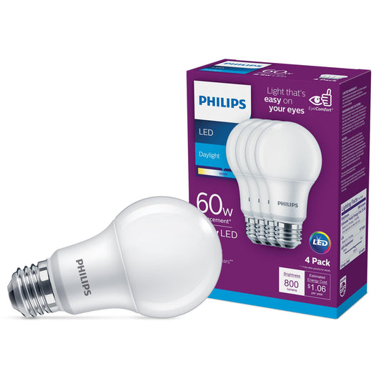 PHILIPS LED Frosted Non-Dimmable A19 Light Bulb - Pack of 4 - EyeComfort Flicker Free - 8.8W = 60W - 800 Lumen - Daylight (5000K) - E26 Base - Indoor