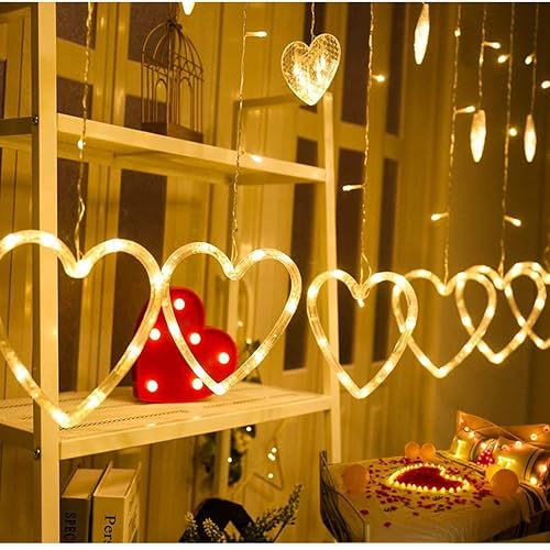 Efunly Valentines Day Decor Lights,138 LED 12-Heart-Shaped String Lights Waterproof,8 Modes Connetable 29V Plug in Curtain Lights for Kids Bedroom