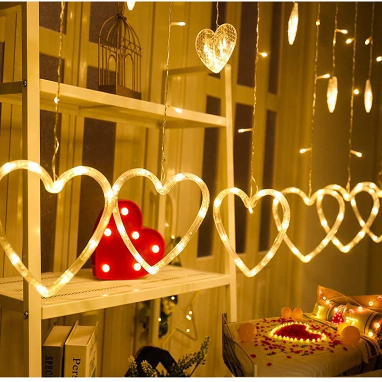 Efunly Valentines Day Decor Lights,138 LED 12-Heart-Shaped String Lights Waterproof,8 Modes Connetable 29V Plug in Curtain Lights for Kids Bedroom