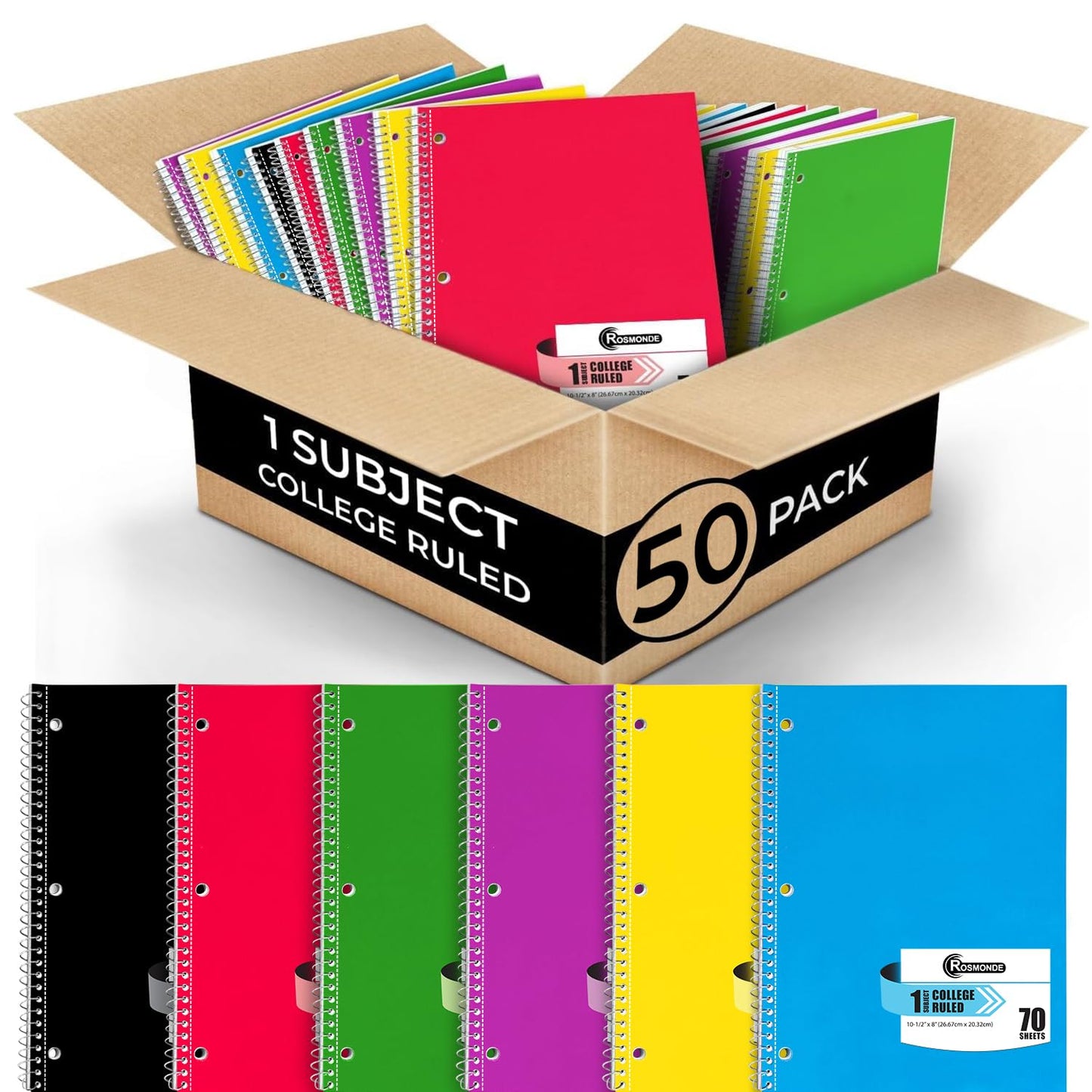 Rosmonde 1 Subject Spiral Notebook Bulk, 50 Pack, College Ruled, 70 Sheets