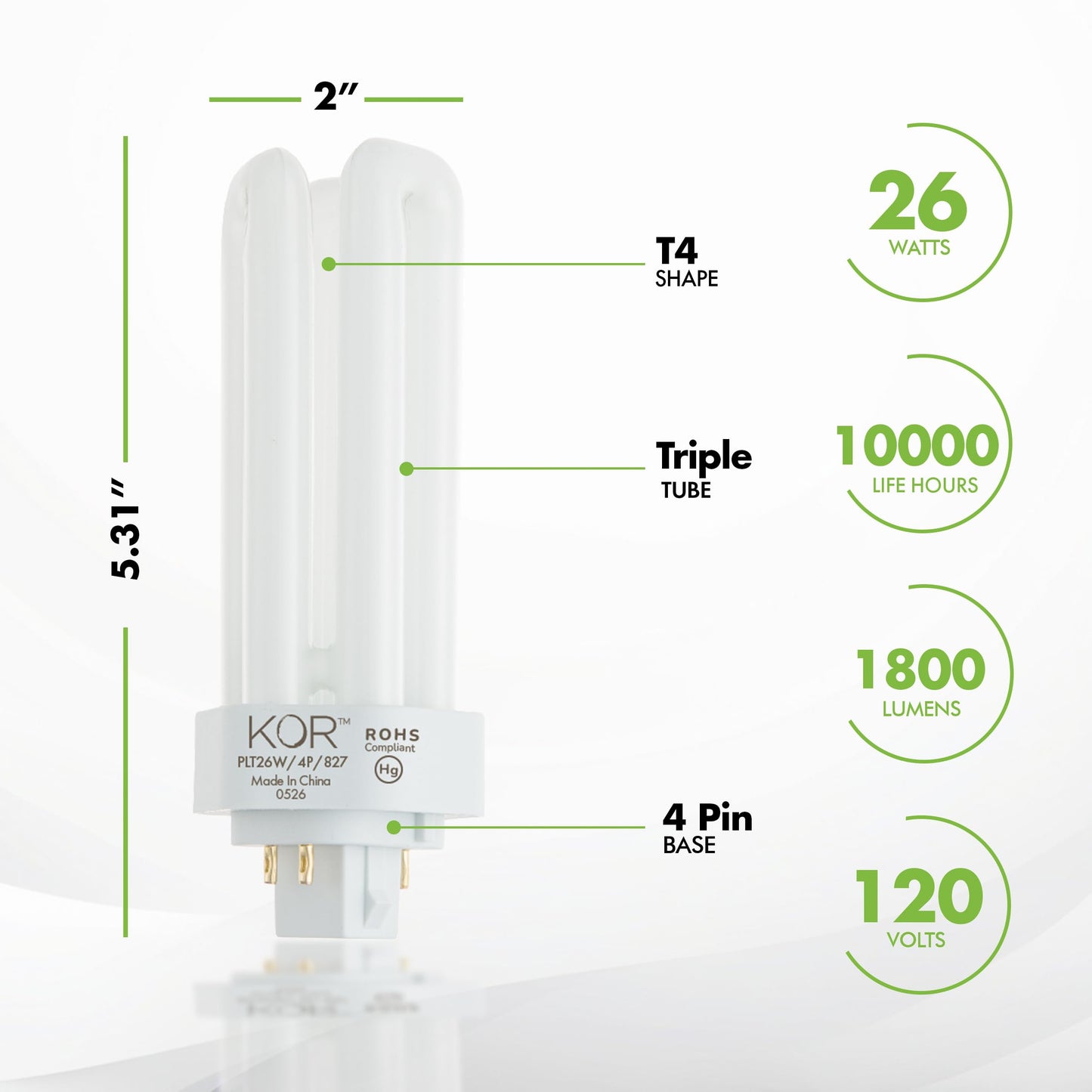 KOR 26W Triple Tube Compact Fluorescent Bulb, 2700K Warm White, 4 Pack