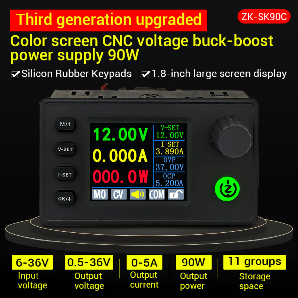 TKXEC Color Display Adjustable 90W DC DC Buck Boost Power Converter CC CV 0.5-36V 5V 6V 12V 24V Power Module Regulated Laboratory Power Supply