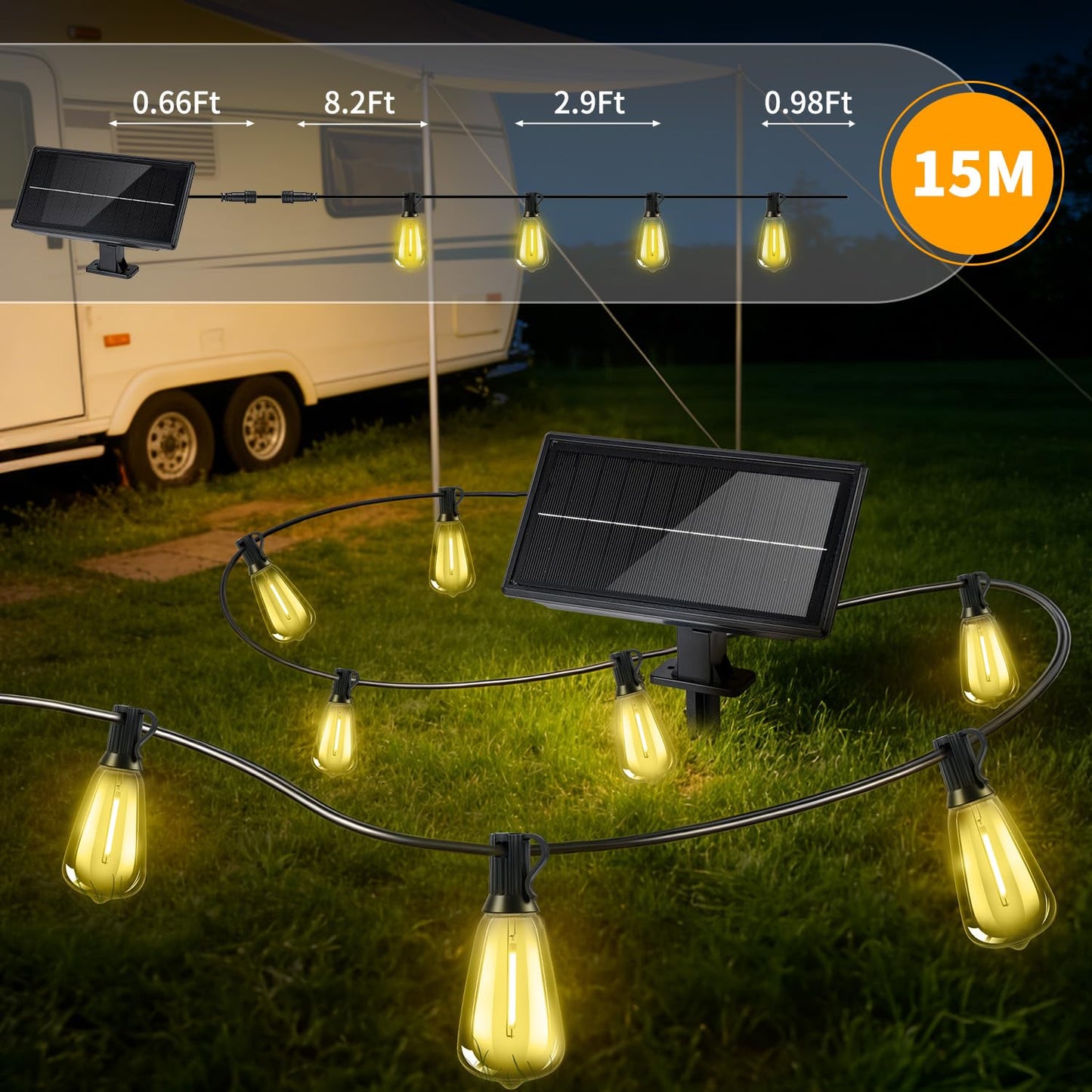FUANXIEI Outdoor Solar String Lights Waterproof: ST38 50ft Shatterproof Patio Lights - Solar Powered & USB Dual Charging - 3 Modes Button Control