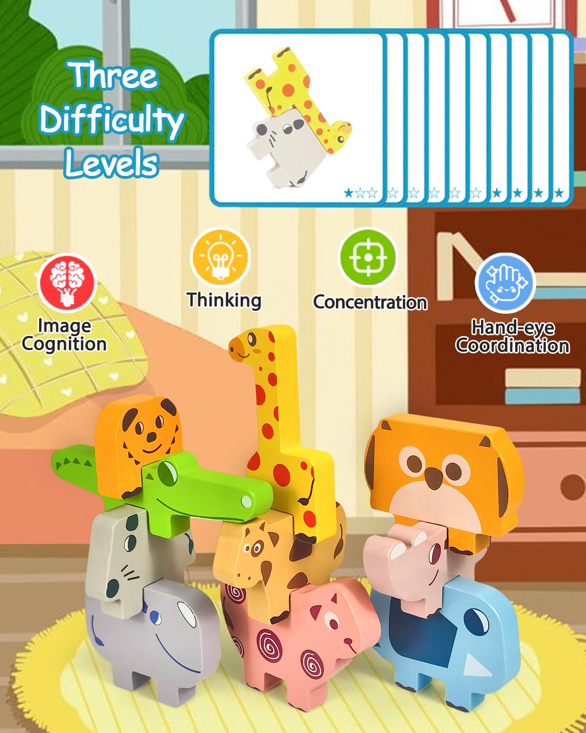 Maaacute Montessori Toys – 10pc Wooden Animal Blocks Sorting & Stacking Puzzles for Toddlers Ages 1-4, Educational Birthday Gift