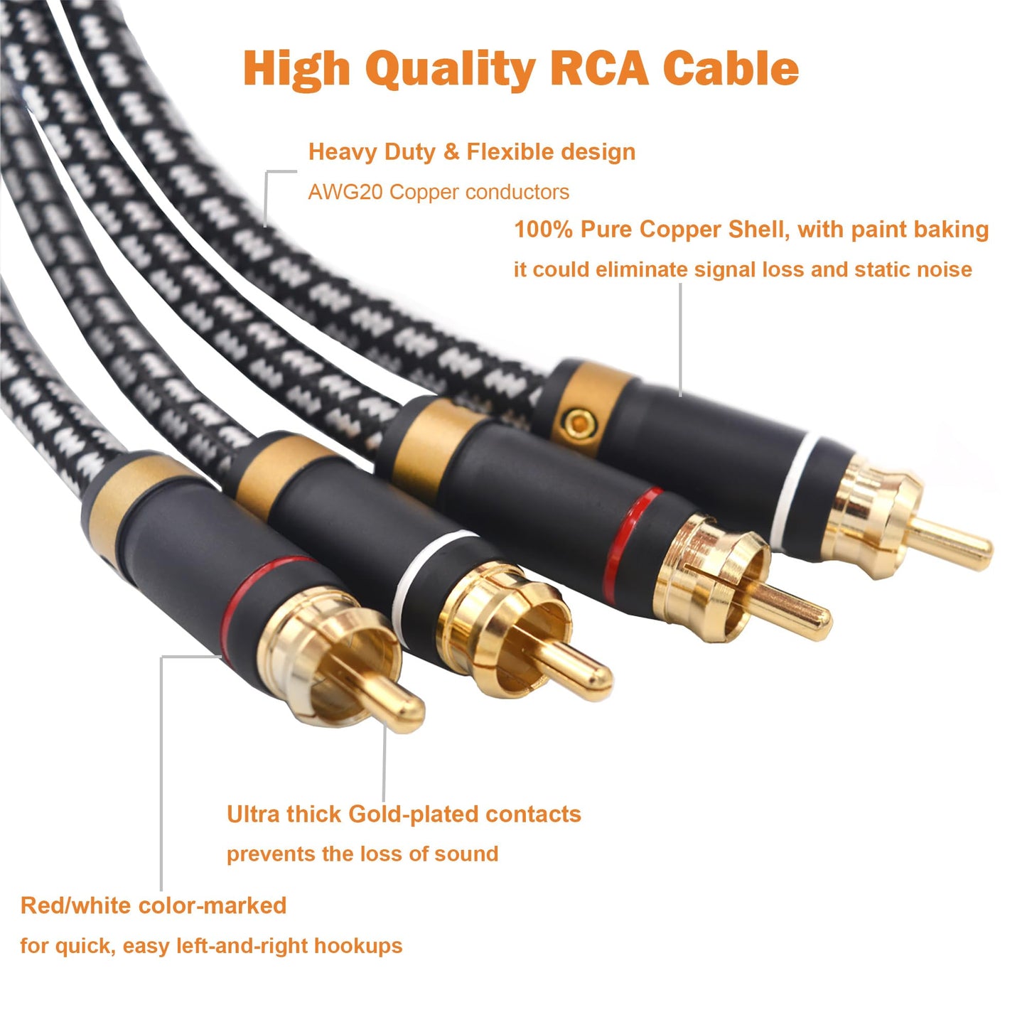 Veimeitk 2 RCA to 2 RCA Audio Cable Silvered-Plated OFC Core 24K Gold-Plated Pure Copper Shell Braided for Home Theater HDTV Amplifiers Hi-Fi Systems