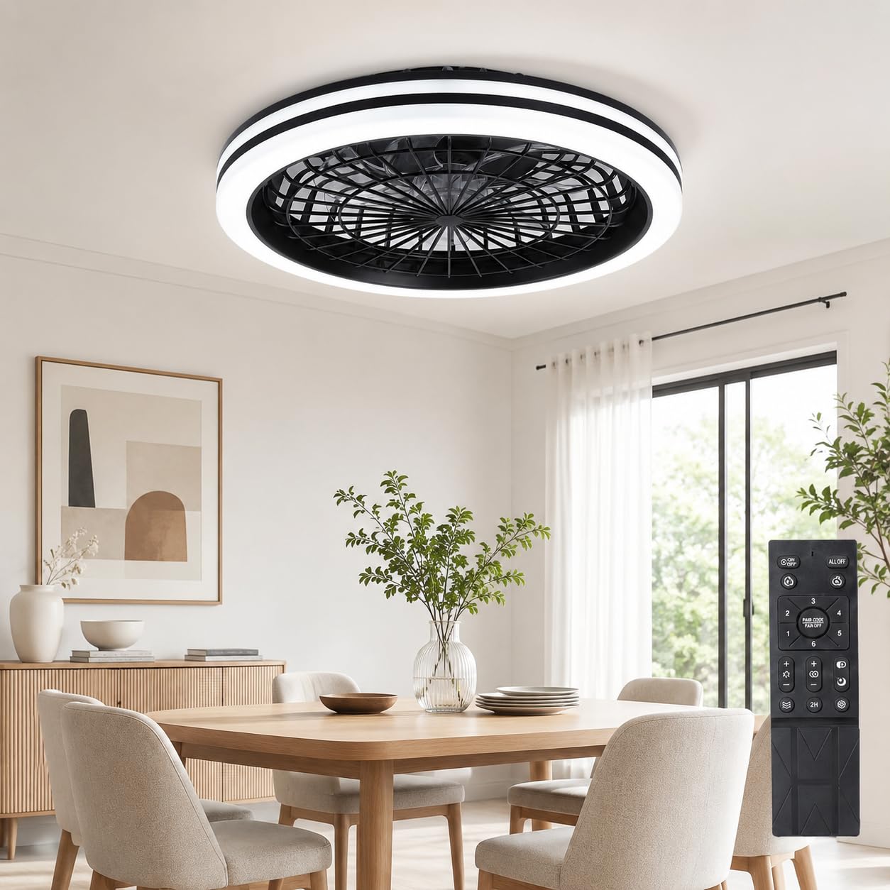 CYANAVIS 20-Inch Enclosed Ceiling Fan with Light and Remote, Low Profile Flush Mount Fan, Dimmable LED, 6 Speeds, Reversible DC Motor for Bedroom