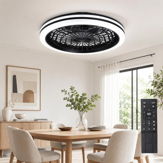 CYANAVIS 20-Inch Enclosed Ceiling Fan with Light and Remote, Low Profile Flush Mount Fan, Dimmable LED, 6 Speeds, Reversible DC Motor for Bedroom