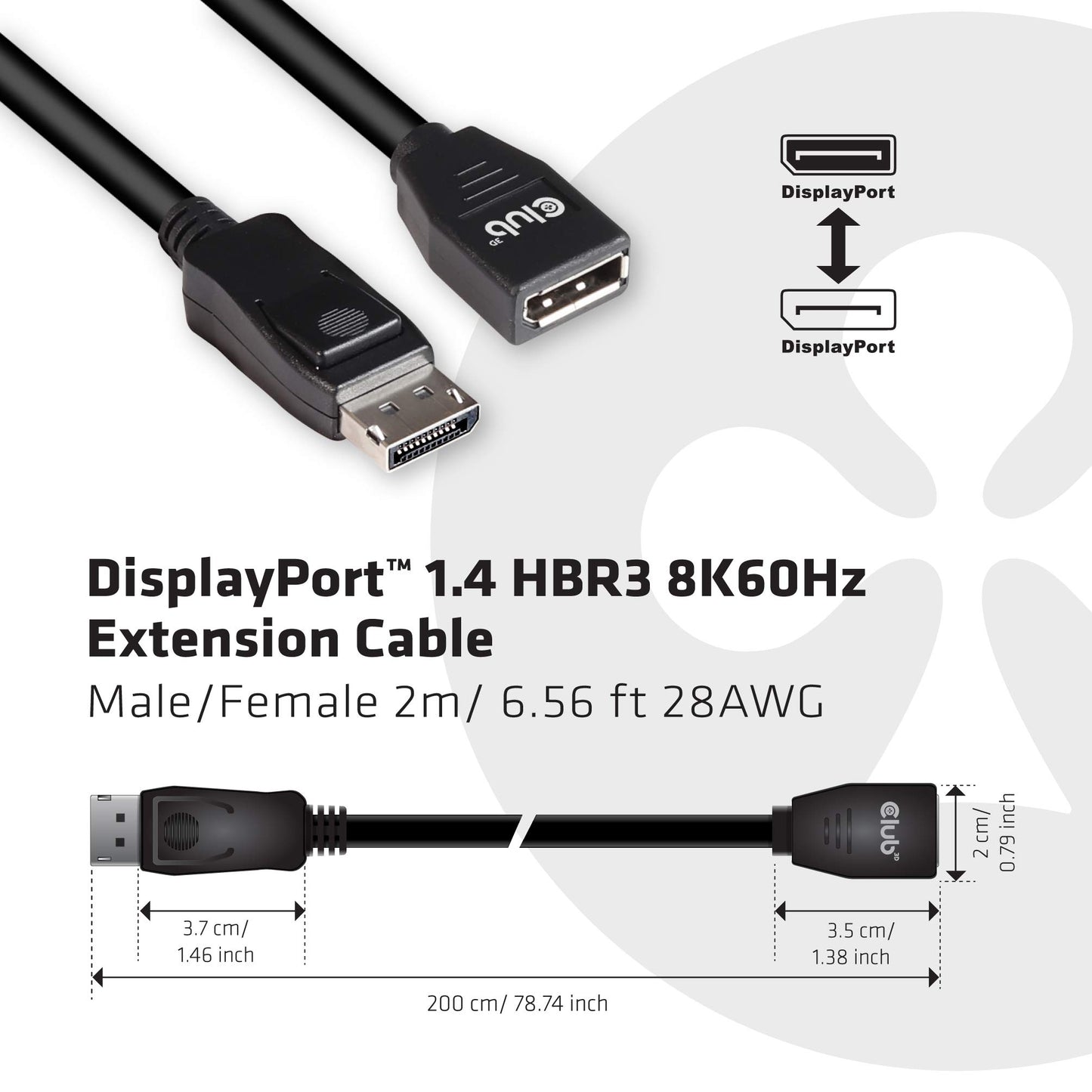 Club 3D CAC-1022 DisplayPort 1.4 HBR3 8K60Hz or 4K144Hz Extension Cable M/F 2m /6.56 ft