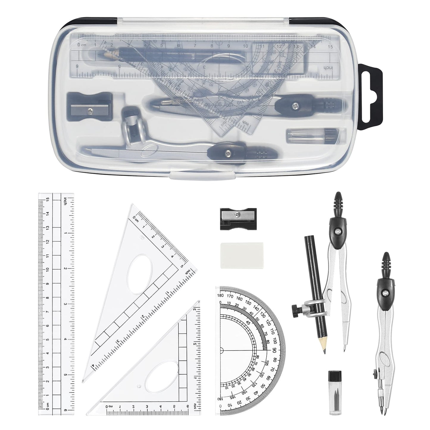 Unjoo Math Geometry Kit Sets 10 Piece Student Supplies, Compass Set, Black
