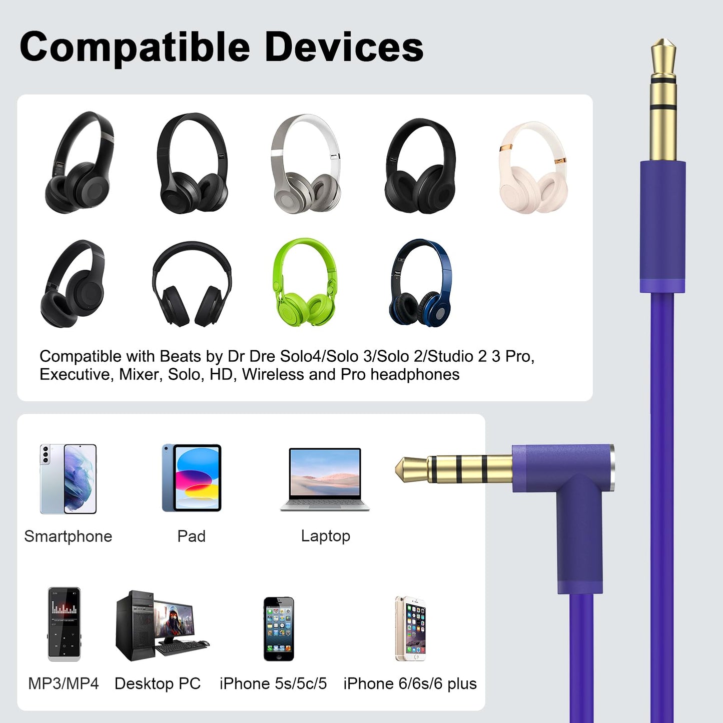 Solo 3 Replacement Audio Cable Cord with Inline Mic and Volume Control Compatible with Beats Headphone…