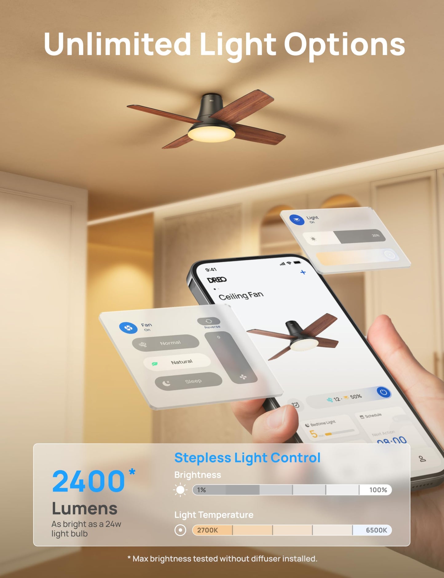 DREO Smart Flush Mount Ceiling Fan with Lights and Remote, 44 Inch, Bedroom