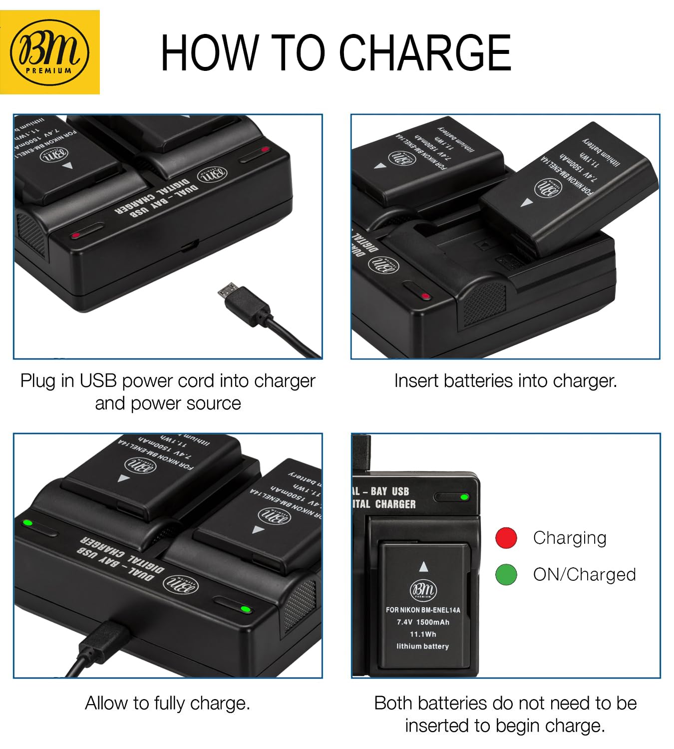 BM Premium 2 Pack of EN-EL14A Batteries and Dual Bay Battery Charger for Nikon D3100, D3200, D3300, D3400, D3500, D5100, D5200, D5300, D5500, D5600