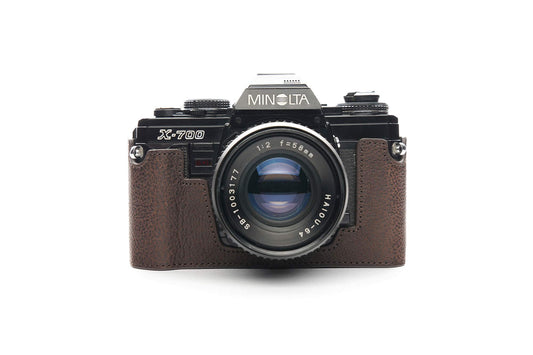 Minolta X-700 Case, BolinUS Handmade Genuine Real Leather Half Camera Case Bag Cover for Minolta X-700 with Hand Strap (Coffee)