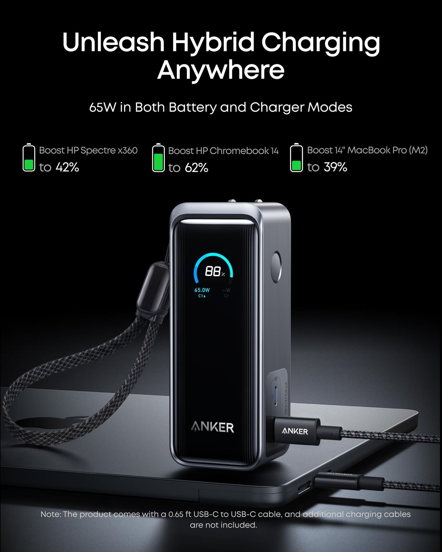 Anker Prime Power Bank, 9,600mAh Battery Pack with 65W Output Wall Charger, Supports PD 3.0 and PPS, 30W Fast Recharging, Sleek Portable Charger