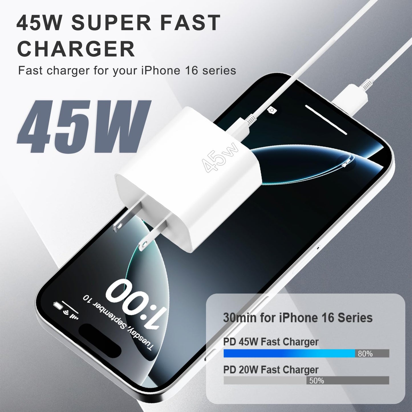 iPhone 17 Pro Max Charger Fast Charging, 45W USB C Wall Charger with 10FT Long Type C Charger Fast Charging Cable for iPhone 17/17 Plus/17 Pro