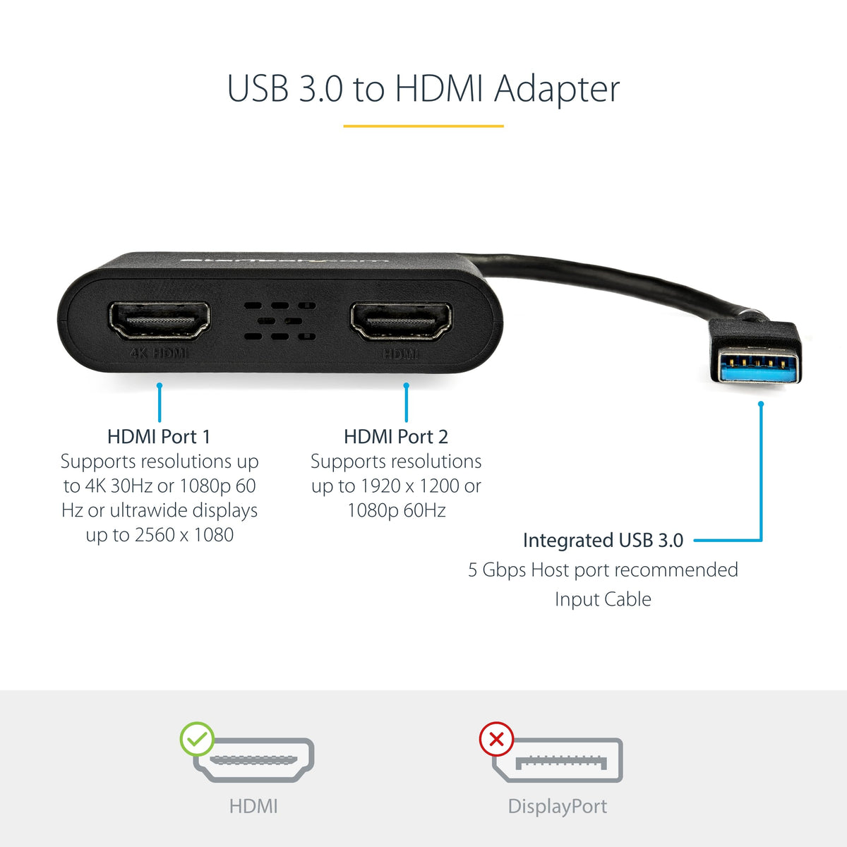 StarTech USB-A 3.0 to Dual HDMI Adapter, 4K 30Hz + 1080p 60Hz, Windows only