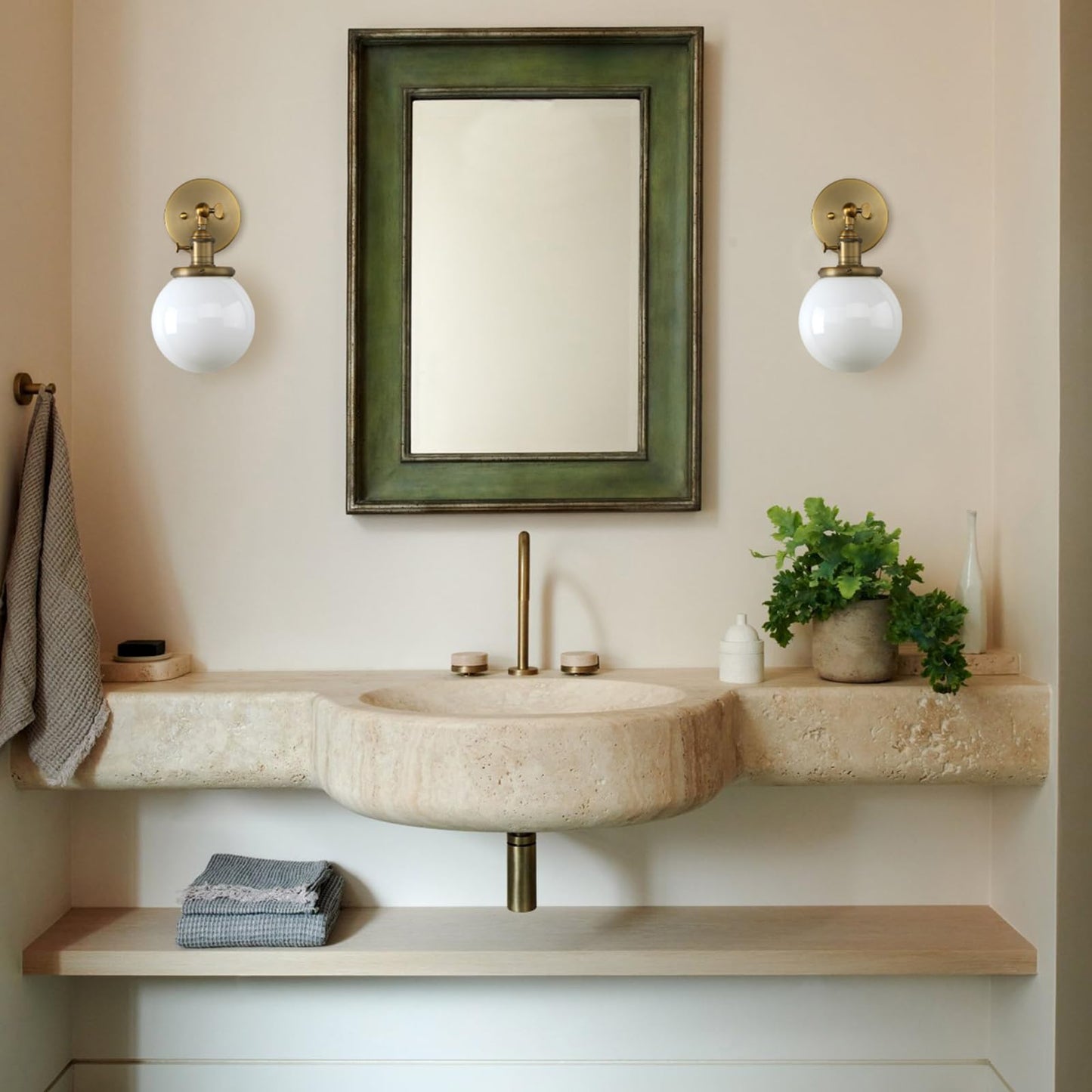 Pathson Hardwired Wall Sconce with White Globe, Brass Bathroom Vanity Light with On Off Switch, Vintage Wall Light Fixtures for Living Room Loft