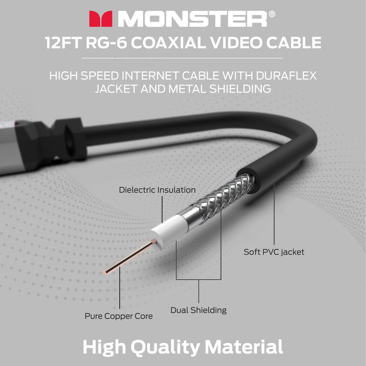 Monster Essentials RG-6 Coaxial Cable, 12ft, Gold-Plated F-Pin Connector, Duraflex Jacket, Shielded Cable for TV, Satellite, and Internet Modem Connections