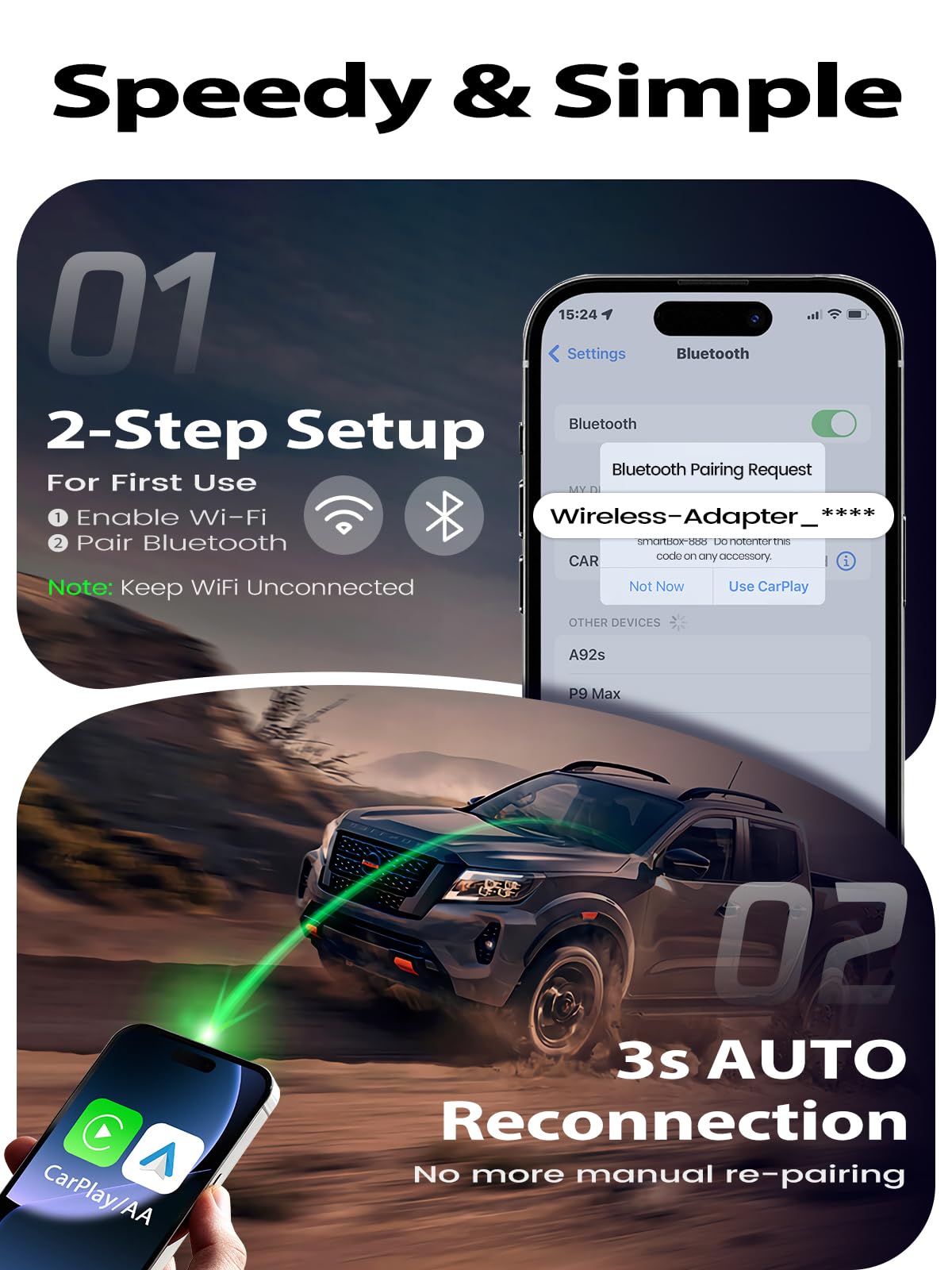 PTGTO Wireless CarPlay & Android Auto Adapter, Fast Auto Connect, No Lag, Easy Device Switching for Shared Cars, Plug & Play, Compact 2-in-1 Design