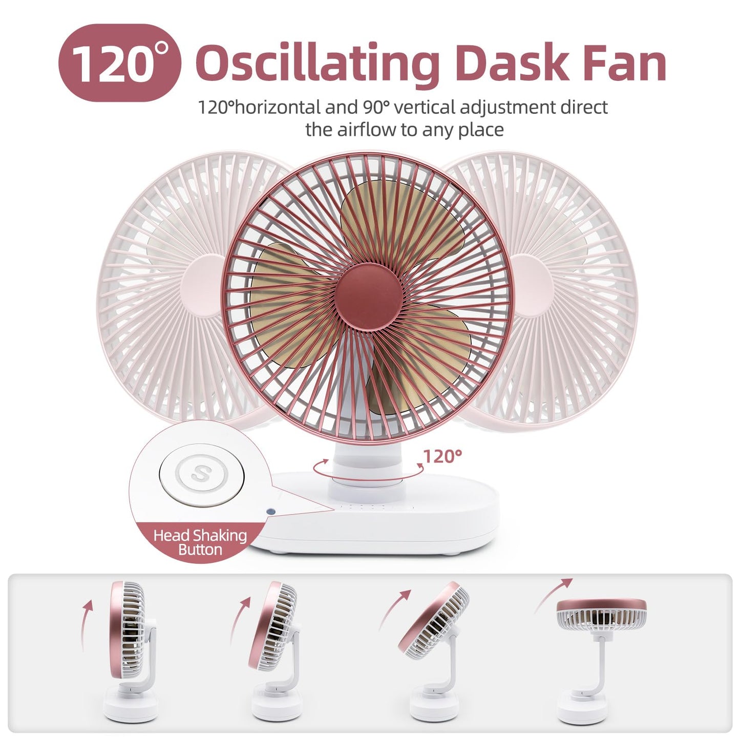 Small Oscillating Fan for Bedroom, 4000mAh Battery Powered Rechargeable Fan, 90° Vertical Manual and 120° Oscillating Desk Fan, 4 Speeds Air
