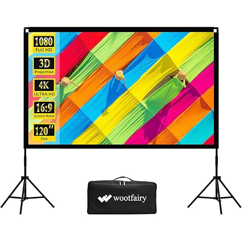 Projector Screen with Stand, Wootfairy 120 inch Portable and Foldable Indoor Outdoor Projection Screen 16:9 4K HD Rear Front Wrinkle-Free Movie Screen