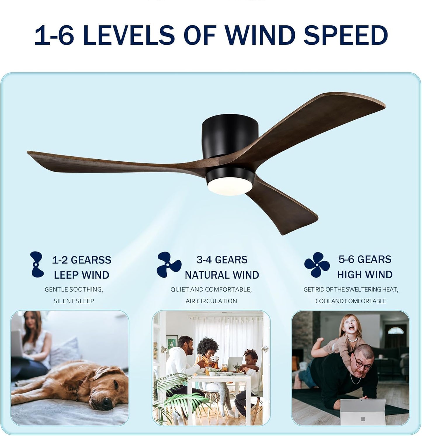 AZEUS 52-inch ceiling fan with light, remote control, dimmable LED lighting, quiet reversible DC motor. Ceiling fan suitable for living room, kitchen