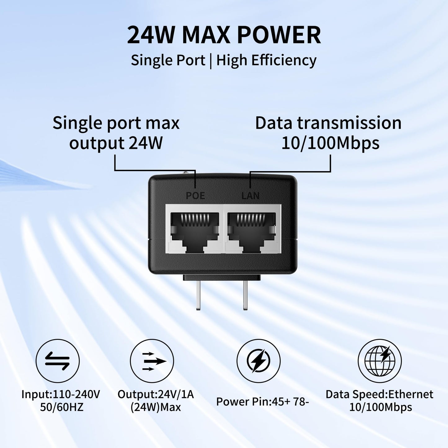 Wall Plug PoE Injector, 24V Passive PoE Adapter, 10/100Mbps, PoE Power Over Ethernet Adapter for 24V PoE Switch, IP Camera, Wireless AP, Access Point