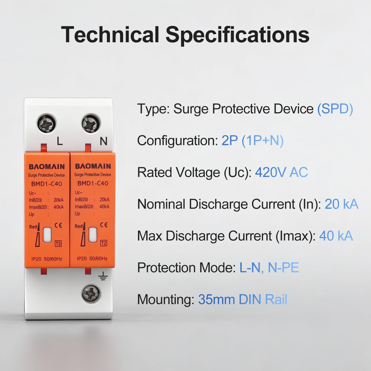 Baomain 2P (1P+N) Surge Protective,420V AC 40kA,BMD1-C40 Single-Phase SPD with Neutral Protection,DIN Rail Mounting,Flame Retardant Housing
