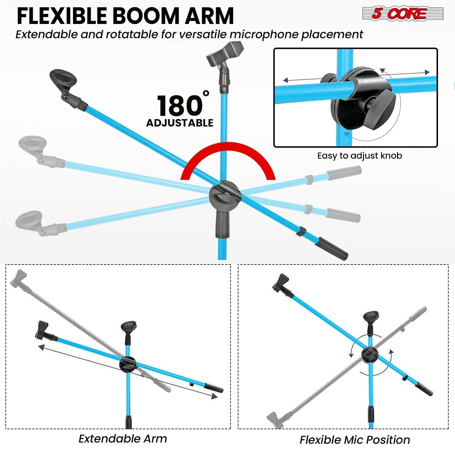 5 Core Mic Stand Floor 2Pc Adjustable Dual Tripod Microphone Stands Holds 2 Mics w Extending Telescoping Boom Arm - MS DBL 2Pk (MS DBL G SKY BLU, 2