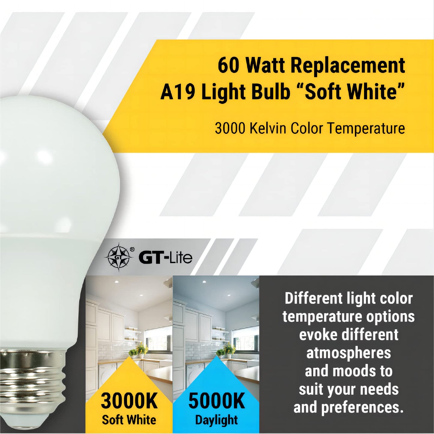 GT-Lite 10 Pack Soft White LED Light Bulbs, 60W Equivalent,9 watts 3000K, A19 Shape, E26 Medium Base,Standard Household Llightbulb for Lamps, Living