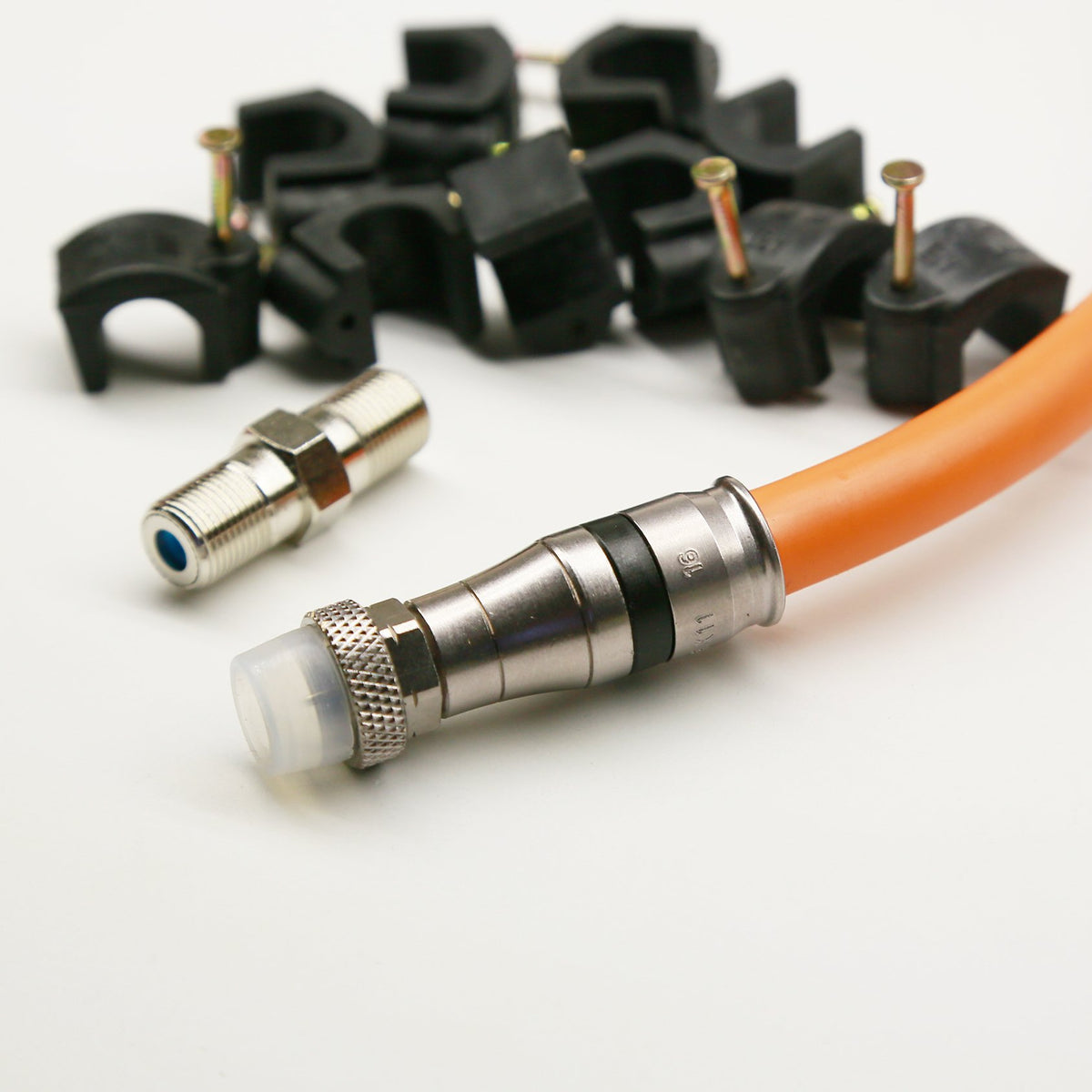 RG11 CABLE with Weather Boot F Connectors - Tri-Shield Underground Coaxial DIRECT BURIAL Gel Coated Flooded COAX - Plus Female Splice Barrel & 10 Cable Nail Clips by PHAT SATELLITE INTL 150FT ORANGE