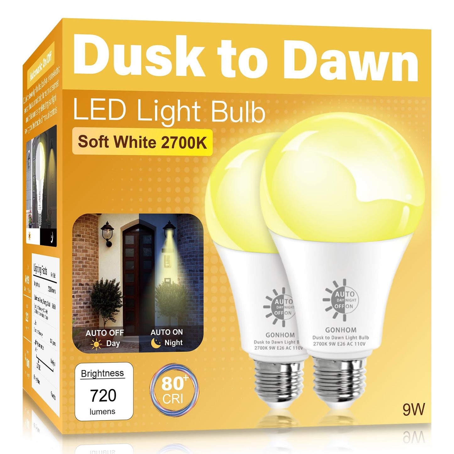 Gonhom 2 Pack Dusk to Dawn Light Bulbs Outdoor, 2700K Warm White, 720LM, 9W(60W Equivalent) A19 E26 Automatic On/Off LED Sensor Light Bulbs, Dusk