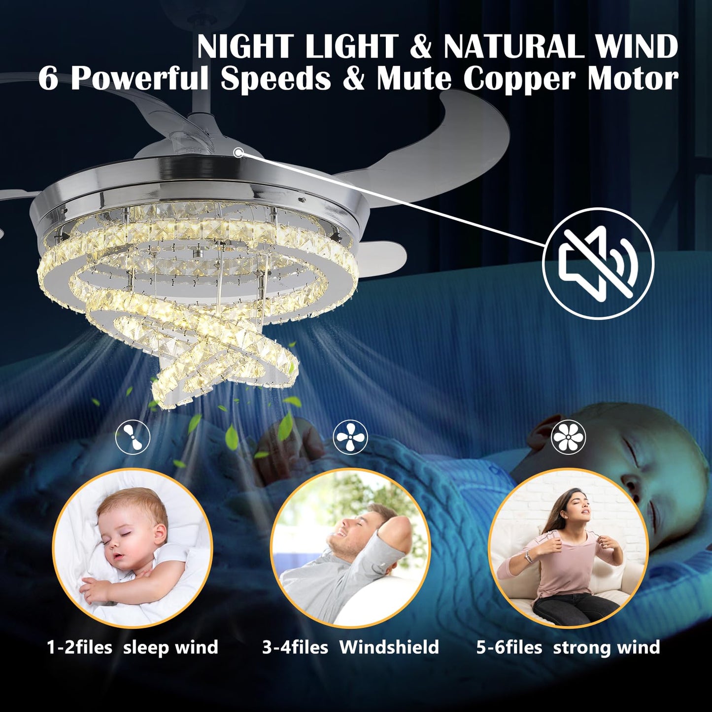 42" Crystal Ceiling Fan with Lights,Modern DIY Crystal Chandelier Ceiling Fan with Remote Control,Invisible Retractable Ceiling Fan for Living Room