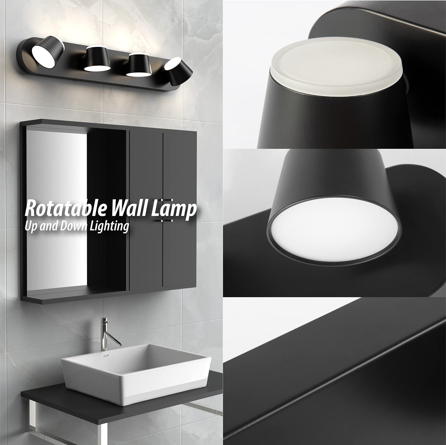 URSOLA 4 Light Bathroom Vanity Light, LED Black Wall Light Fixtures, Up and Down Rotatable Dimmable, 27 inch Bathroom Lighting Fixtures Over Mirror