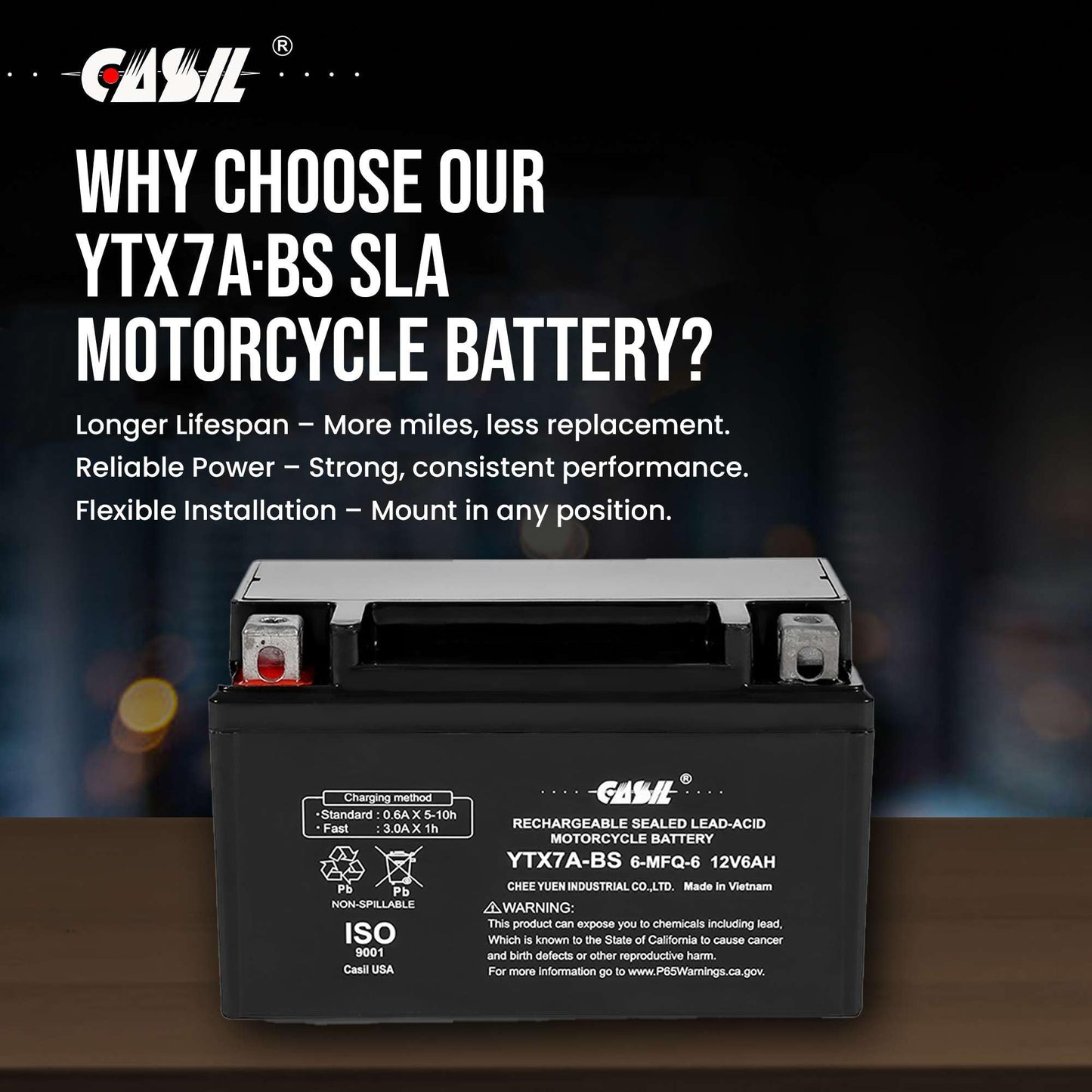 YTX7A-BS Battery 12V 6AH 105 CCA High Performance AGM SLA Power Sport Battery by Casil Battery