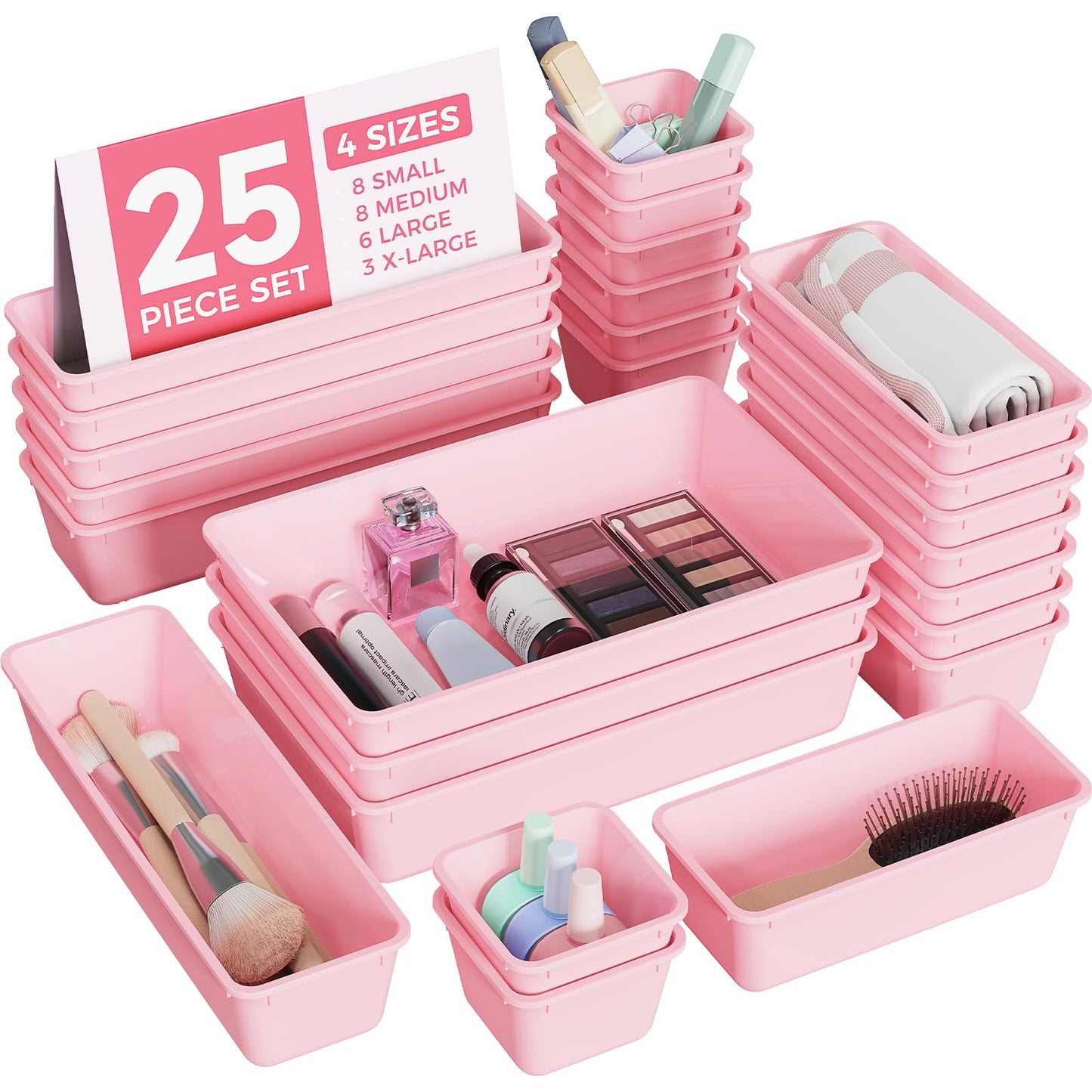 BiuLeon 25 PCS Plastic Drawer Organizers Set, 4-Sizes Vanity and Makeup Organizer, Desk and bathroom Drawer Organizer Trays, Organizers and Storage