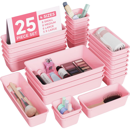 BiuLeon 25 PCS Plastic Drawer Organizers Set, 4-Sizes Vanity and Makeup Organizer, Desk and bathroom Drawer Organizer Trays, Organizers and Storage