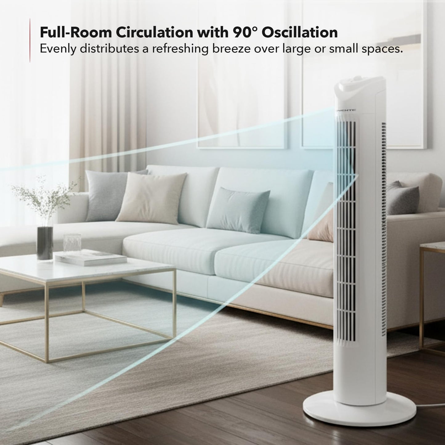 OVENTE 32" Bladeless Tower Fan,90° Oscillation, 3 Speeds, White TFO3SW