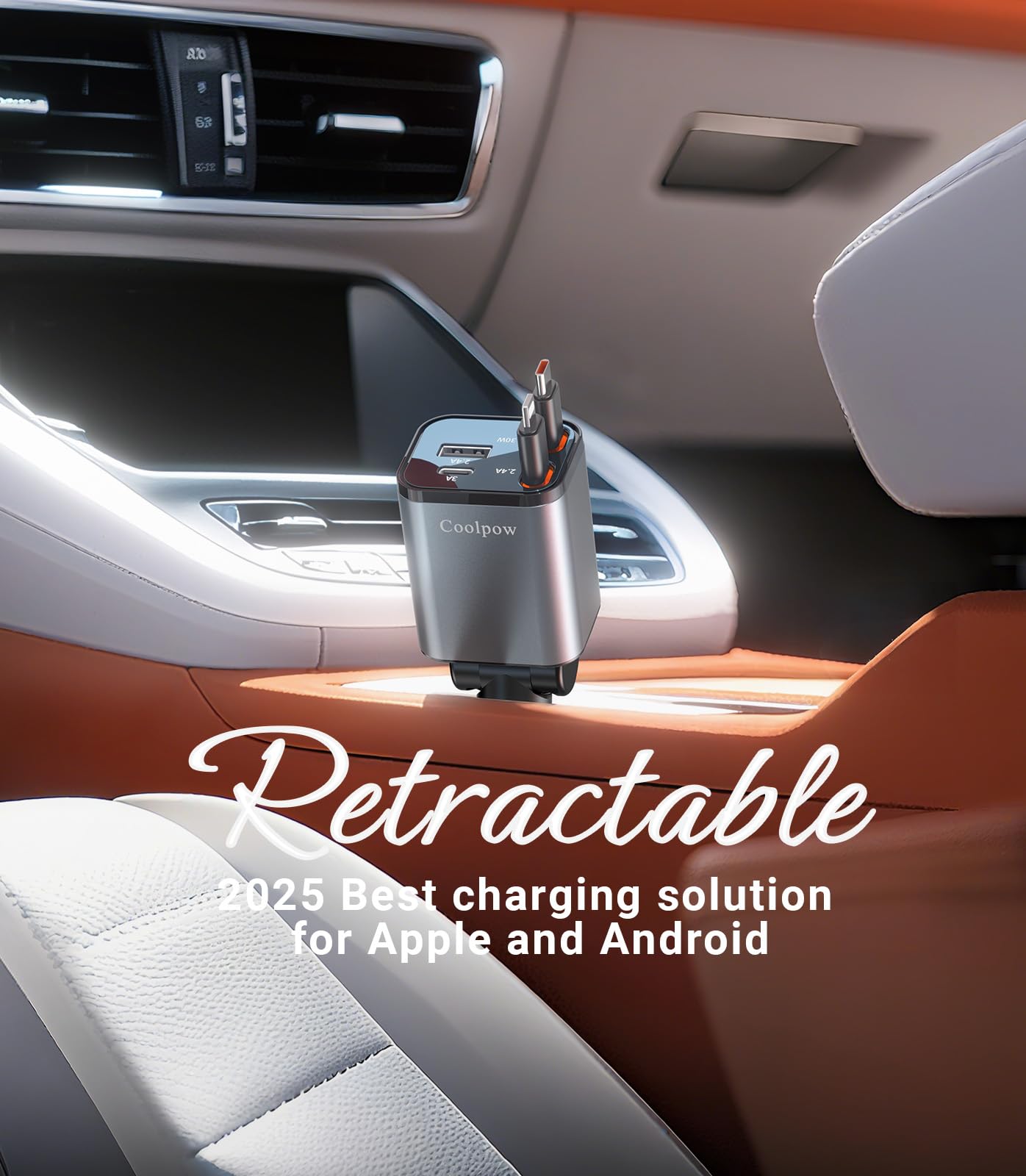 Retractable Car Charger, 4 in 1 USB C Car Charger Fast Charging?Durable Material? 69W Car Phone Charger Adapter with 2 Retractable Cables and USB