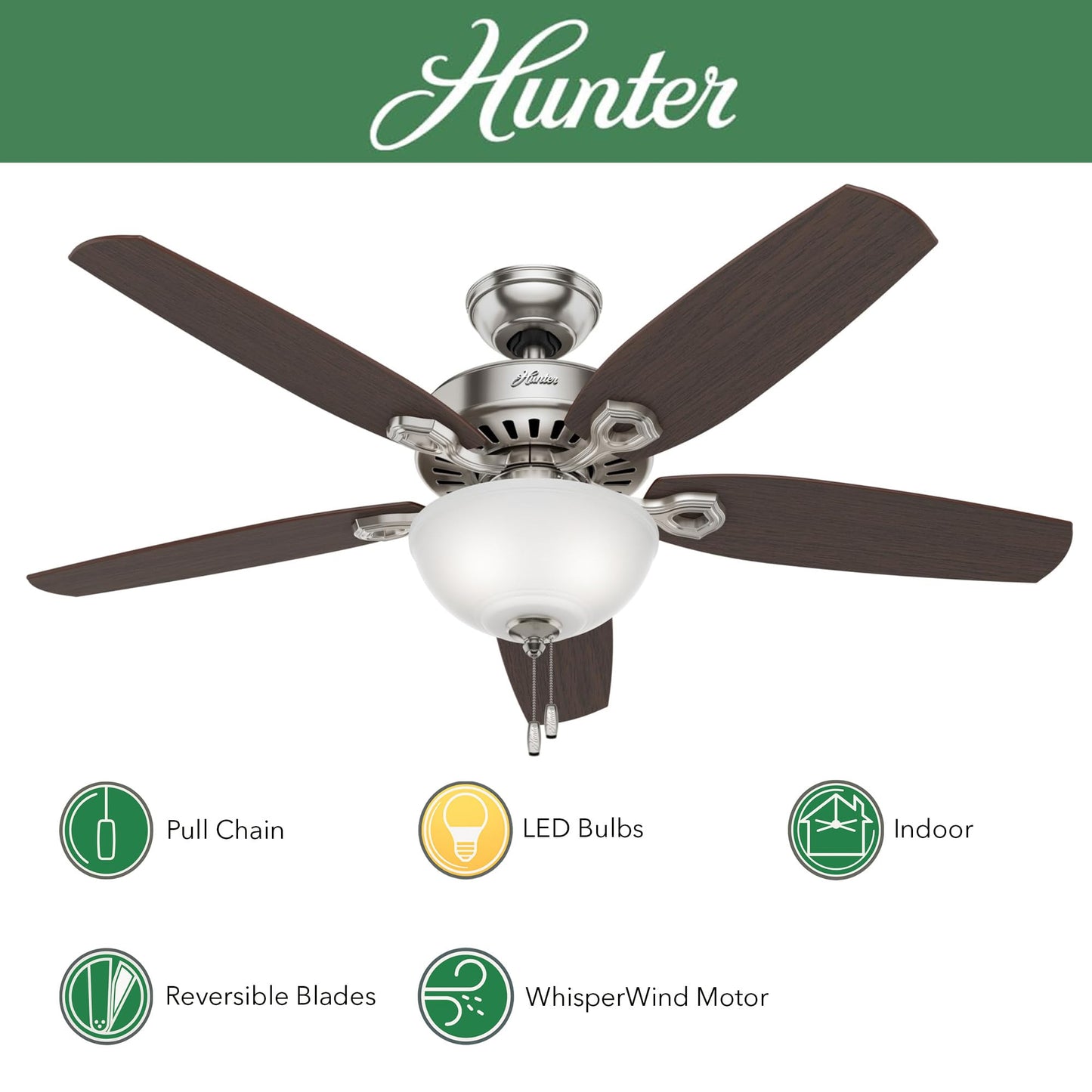 Hunter Fan 52 inch Traditional Brushed Nickel Ceiling Fan with Cased White Glass Light Kit, 5 Blade (Renewed)